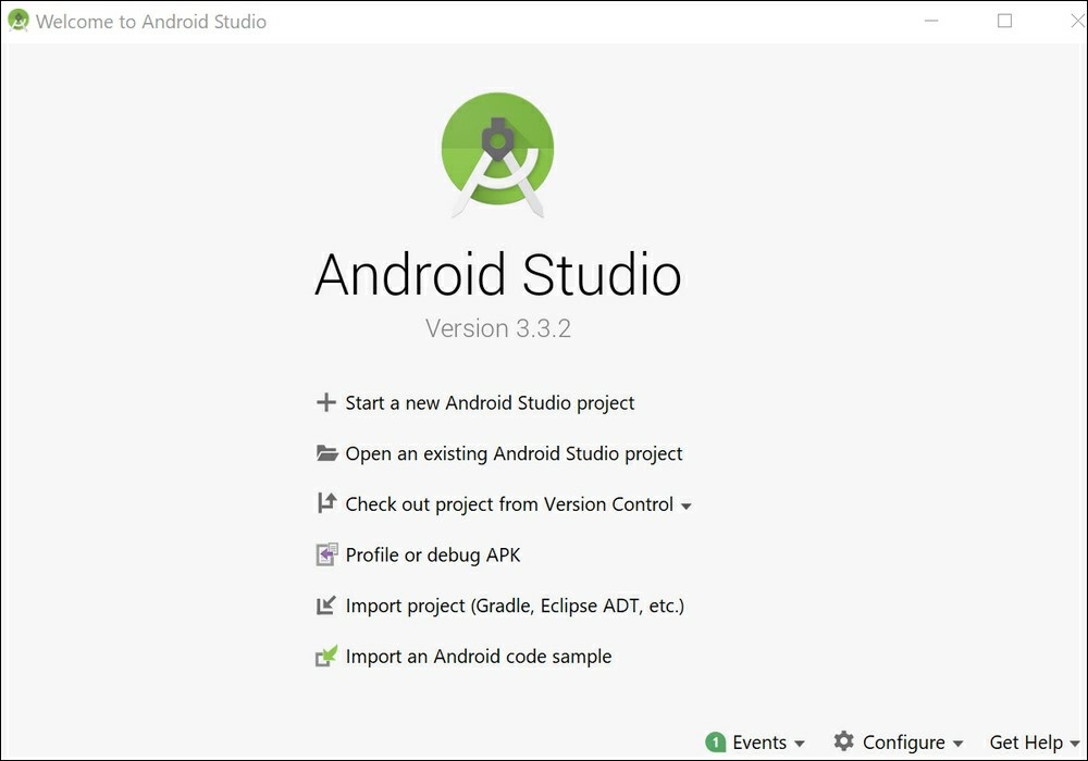 صفحه اصلی اندروید استودیو امکان ساخت پروژه‌های جدید، باز کردن پروژه‌های موجود، وارد کردن نمونه کدها، دیباگ کردن APK ها و کنترل پروژه از طریق نرم‌افزار کنترل نسخه را فراهم می‌کند. 