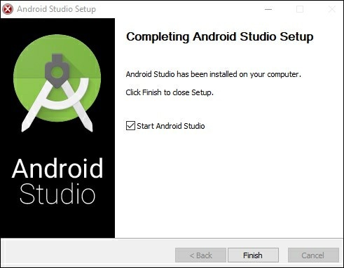 زمانی که دکمه Finish را کلیک کنید و تیک گزینه Start Android Studio فعال باشد، نرم‌افزار به‌طور خودکار اجرا می‌شود. 